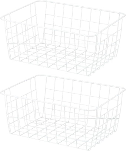 PATIKIL Kitchen Wire Basket, 2 Pack 11"L 9"W Pantry Organization Metal Storage Organizer Household Refrigerator Bin with Handles for Cabinets Closets Bedrooms, White