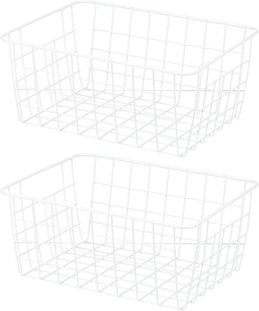 PATIKIL Kitchen Wire Basket, 2 Pack 11"L 9"W Pantry Organization Metal Storage Organizer Household Refrigerator Bin with Handles for Cabinets Closets Bedrooms, White