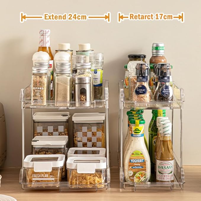 SOVGIZF Expandable Cabinet Organizer Shelf, 2-Tier kitchen Counter Organization Shelves, Spice Rack,Clear Plastic Countertop Storage Rack for Makeup, Pantry, Cupboard, Bathroom, Desk Organization