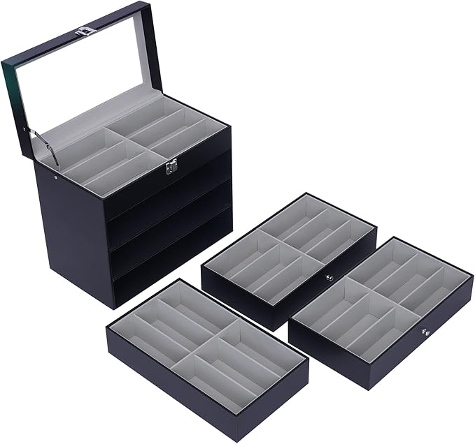 DouSeiAi 4 Layer Sunglasses Organizer, 24 grids of Glasses Sunglasses Storage Box, lockable Eyewear Display Case with Drawer (Black)
