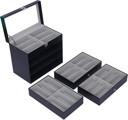 DouSeiAi 4 Layer Sunglasses Organizer, 24 grids of Glasses Sunglasses Storage Box, lockable Eyewear Display Case with Drawer (Black)