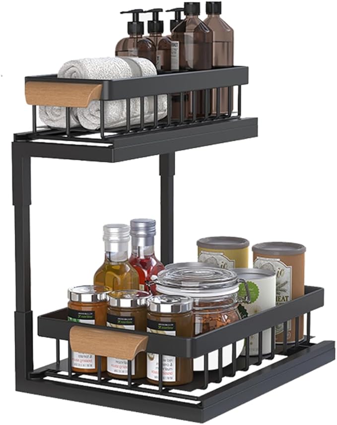 2-Tier Sliding Under Sink Organizer, L-shape Pull Out Cabinet Organizers, Multi-purpose Sink Storage Shelves, Metal Mesh Drawer Organizer for Bathroom Kitchen (Black, Pull-Up & Down Style)