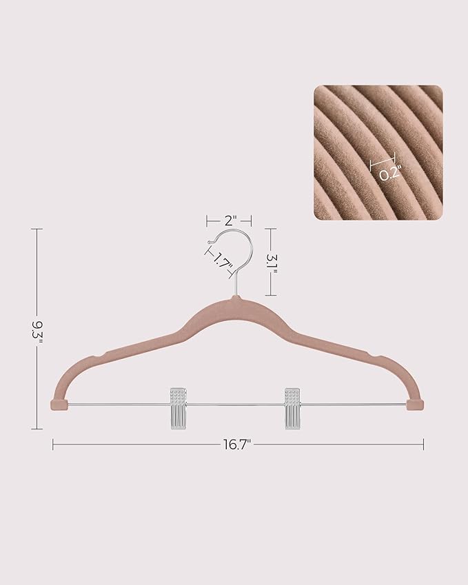 SONGMICS 30-Pack Pants Hangers, 16.7-Inch Long Velvet Hangers with Adjustable Clips, Heavy-Duty, Non-Slip Skirt Hangers, Space-Saving for Pants, Skirts, Coats, Dresses, Pale Brown UCRF012LB30