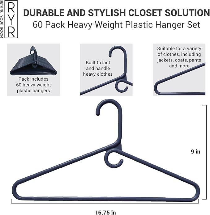 Rethink Your Room Clothes Hangers 60 Pack Plastic - Heavy Duty Space Saving Coat, Velvet Hangers, Pant Hangers for Closet Organization - Durable Non-Slip Navy Wardrobe Essentials Bulk Storage
