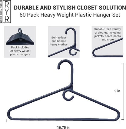 Rethink Your Room Clothes Hangers 60 Pack Plastic - Heavy Duty Space Saving Coat, Velvet Hangers, Pant Hangers for Closet Organization - Durable Non-Slip Navy Wardrobe Essentials Bulk Storage