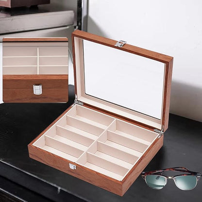 DouSeiAi Wooden Sunglasses Organizer, 8 Grids Sunglasses Storage Box, Sunglasses Display Case with Lock Eyewear Showcase Organizer Mahogany