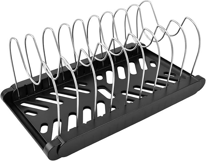 DiQiRenQin Pot and Pan Organizer, Expandable Pan Organizer for Cabinet, Pot Lid Holder with 10 Adjustable Compartments for Kitchen Cabinet Cookware Baking Frying Rack(Black)