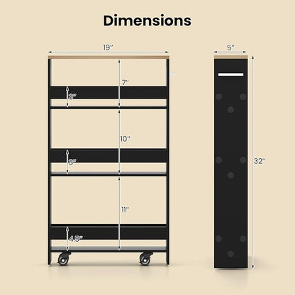 Small Kitchen Cart, 4-Tier Slim Rolling Island w/Handle, Laundry Room Storage Organizers Between Washer and Dryer, Narrow Spice Rack on Wheels Next to Fridge (Black, 5'')