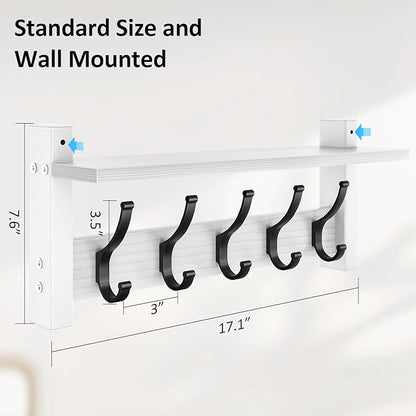 Coat Rack Wall Mount with Shelf, 17.1 Inch Coat Hanger Walls Mounted, Hat Rack for Walls, Shelf with 5 Coat Hooks, Wall Hanger for Entryway (White)