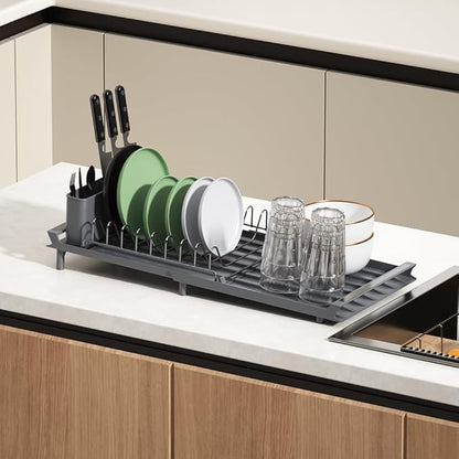 YOJIA Stainless Steel Dish Drying Rack, Extendable Dish Drainer Rack, Drainboard, Detachable Cup Shelf, Rustproof Multifunctional Organizer for Kitchen Counter, Cup Holders, Utensil Holder (Grey-Dish)