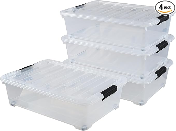 Hommp 4-Pack 25 Quart Under Bed Plastic Storage Bins, Clear Under Bed Storage Box Container with Wheels