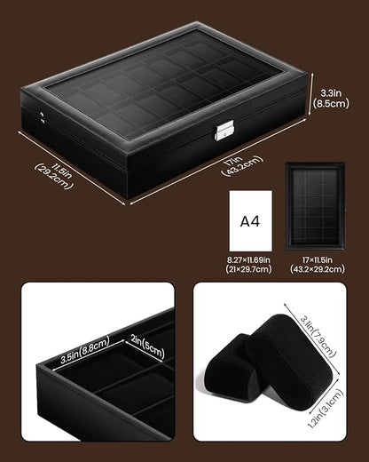 Uten 24-Slot Watch Box, PU Leather Watch Case with Glass Lid, Watch Holder Organizer with Soft Pillow and Velvet Lining, Watch and Jewelry Storage Box