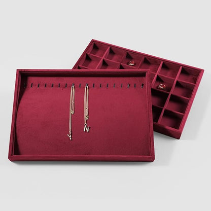 Velvet Jewelry Display Tray For Bracelet Pendant Necklace, Multi-Slot Stackable Storage Tray For Long Chain Jewelries, Drawer Insert Jewelry Organizer (Red)