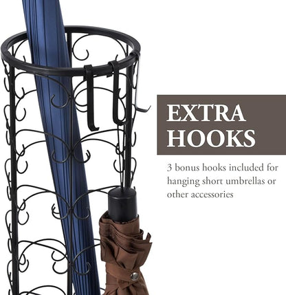 MyGift Matte Black Metal Umbrella Stand with Decorative Vintage Scrollwork, Freestanding Cane or Walking Stick Holder Rack with 3 Hanger Hooks for Compact Travel Umbrellas
