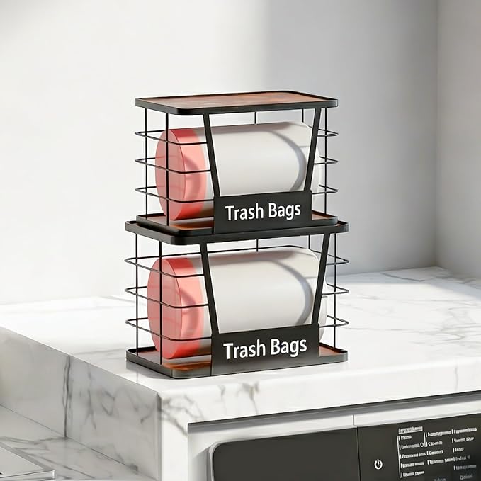Three colors 2 Pack Trash Bag Holder, Stackable Trash Bag Dispenser with Rustic Wood, Garbage Bag Dispenser Under Sink Organizer for Kitchen Laundry, Adhesive Wall Mount or Countertop