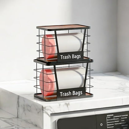 Three colors 2 Pack Trash Bag Holder, Stackable Trash Bag Dispenser with Rustic Wood, Garbage Bag Dispenser Under Sink Organizer for Kitchen Laundry, Adhesive Wall Mount or Countertop