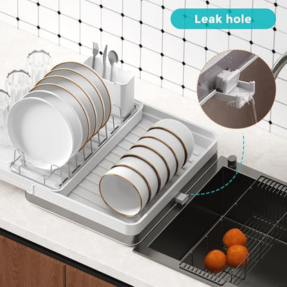 YOJIA Stainless Steel Dish Drying Rack, Extendable Dish Drainer Rack, Drainboard, Detachable Cup Shelf, Rustproof Multifunctional Organizer for Kitchen Counter, Cup Holders, Utensil Holder (14-White)