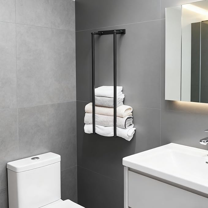 Towel Racks for Bathroom, NEWRAIN Rolled Towel Storage Wall Mounted Bath Towel Holder for Folded Large Towel Washcloths, Bathroom Organizing Matte Black