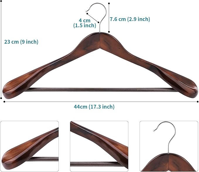 ABHENG Solid Wood Suit Hangers, 10 Pack, Coat Hangers with Non Slip Trouser Bar, 360° Swivel Hook, Heavy Duty Wide Hangers for Suit, Coat, Jacket, Trousers, Pants,17.3" W x 9", Dark Walnut AWY0410H