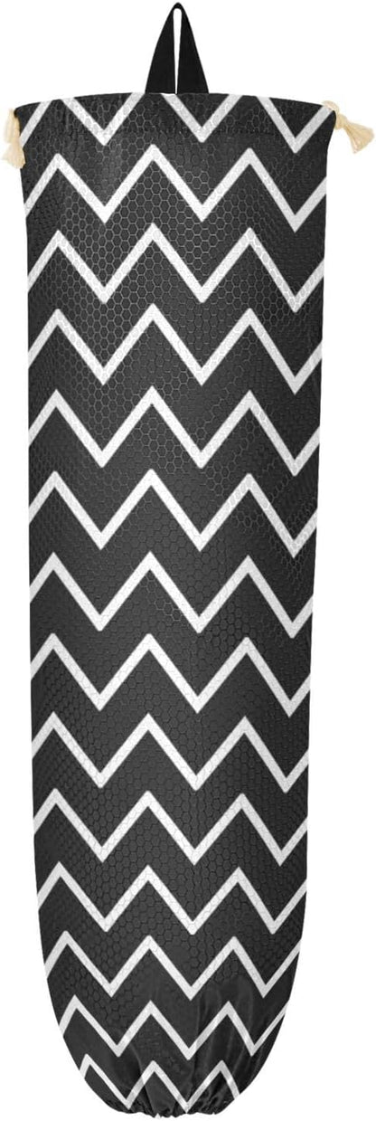 2 PCS Plastic Bag Holder Wall Mount Grocery Bag Holder Shopping Bag Trash Bag Storage Organizer Dispenser for Kitchen Closet 22 x 9 Inch Black and White Zigzag