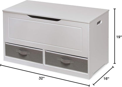 Badger Basket Toy Box and Storage Bench - Chest and Seat Combo with 2 Reversible Baskets, Safety Hinge Lid - Kids Toy Organizer for Playroom or Bedroom - White