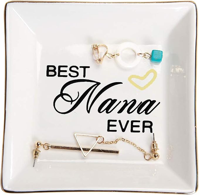 HOME SMILE Birthday Mother's Day Christamas Gifts for Nana,Ceramic Ring Dish Jewelry Tray for Grandma Grandmother-Best Nana Ever