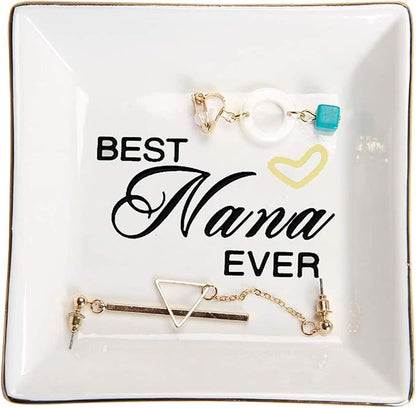 HOME SMILE Birthday Mother's Day Christamas Gifts for Nana,Ceramic Ring Dish Jewelry Tray for Grandma Grandmother-Best Nana Ever