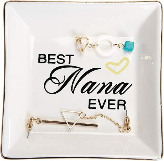 HOME SMILE Birthday Mother's Day Christamas Gifts for Nana,Ceramic Ring Dish Jewelry Tray for Grandma Grandmother-Best Nana Ever