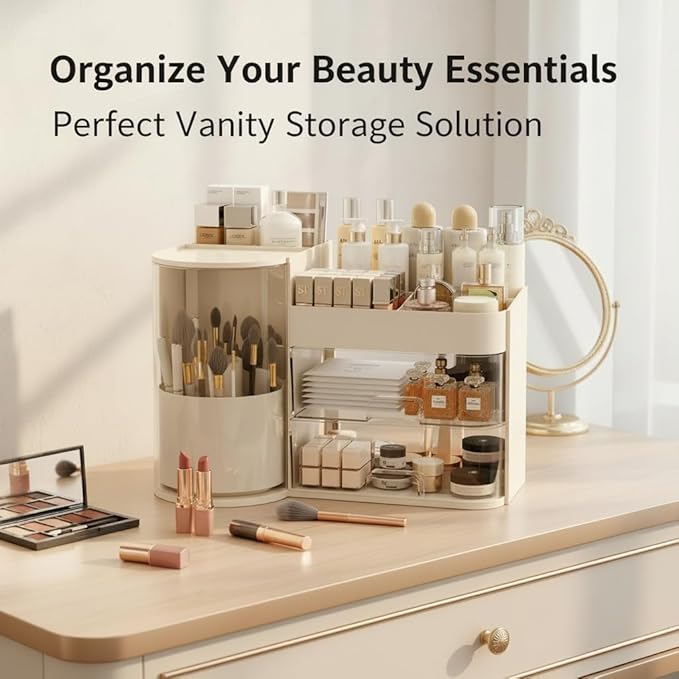 Cozinessy Makeup Organizer with Drawers,Make up Organizer for Vanity，Large Bathroom Countertop Cosmetic Organizer with Brushes Holder,Ideal makeup holder for Skincare,Lipstick and other items