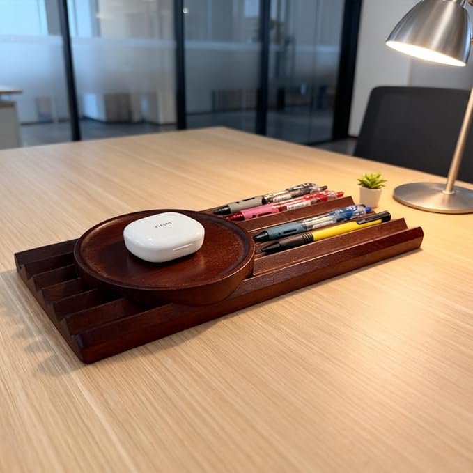 Horizontal Pen Holder for Desk, Walnut Pen Holder with 5 Compartments,Pen Tray Office Accessory, Teacher Gifts, Suitable for School, Home,Pen Tray for Desk (Walnut)
