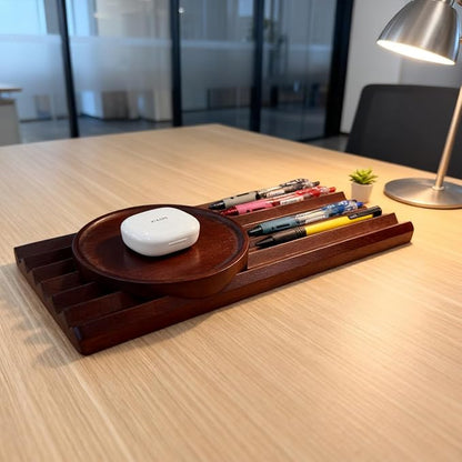 Horizontal Pen Holder for Desk, Walnut Pen Holder with 5 Compartments,Pen Tray Office Accessory, Teacher Gifts, Suitable for School, Home,Pen Tray for Desk (Walnut)