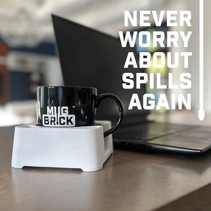 MugBrick Spill-Proof Mug Holder and Desk Organizer. Non-Tip Coffee Cup Holder with Pockets for Pens and Small Remotes. Ideal for Bed, Desktop or Couch, Gift for Coffee Drinkers, White + Pink Glow