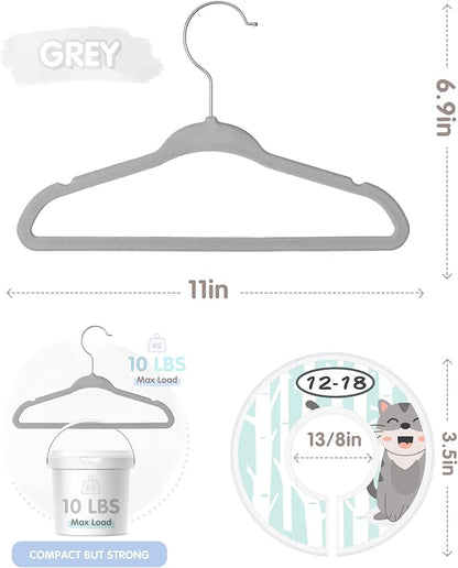 VIS'V Baby Hangers, 11 Inch Velvet Kids Hangers with 6 Pcs Clothes Size Dividers, Infant Toddler Nursery Closet Organization, Non Slip, Gray, 30 Pcs