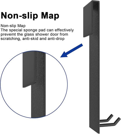 KITHOLD Shower Door Hook, Extended Length Frameless Shower Door Hook (7 Inches), Heavy-Duty Bathrobe Towel Stainless Steel Hook, No Drilling or Adhesive Required, 2-Pack, Black