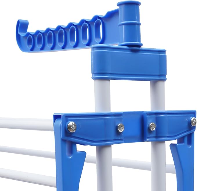 Foldable Clothes Drying Rack, 4 Tier Metal Clothes Rail with Wheels 7 Windproof Hooks Clothes Horses Rack Laundry Garment Dryer Stand with 2 Side Wings Indoor, Outdoor, Bedroom, Loft (Blue)