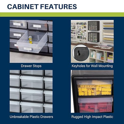 Akro-Mils 24-Drawer Plastic Storage Cabinet | 20" W x 6" D x 16" H | Black | Model 10124 | Garage Organization