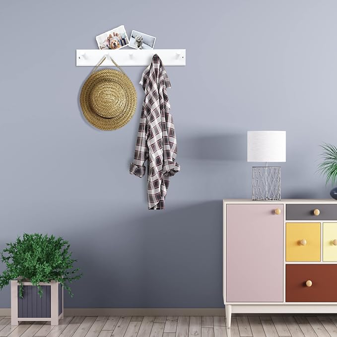 Wooden Coat Rack 2Pcs, 16'' Hole to Hole Wooden Wall-Mounted Coat Hooks, 5 Pegs Bamboo Wall Hooks for Hanging Towels, Hats, Robes, Clothes, Keys, White