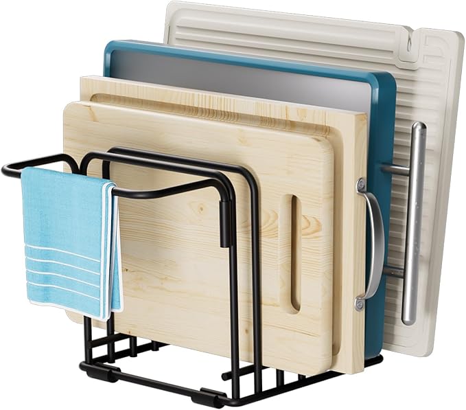 Cutting Board Organizer,5-Slot Steel Kitchen Storage Rack for Cutting Boards, Baking Trays,towel,and Thin Pans-Space-Saving Kitchen Storage (Black, 1 Pack)