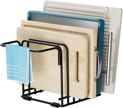 Cutting Board Organizer,5-Slot Steel Kitchen Storage Rack for Cutting Boards, Baking Trays,towel,and Thin Pans-Space-Saving Kitchen Storage (Black, 1 Pack)