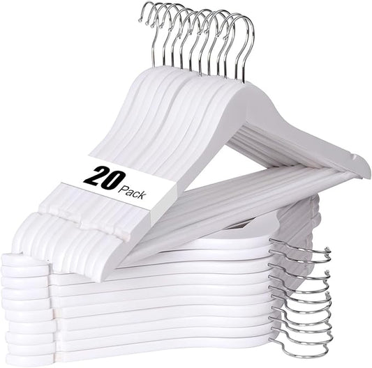 Hapmira Premium Wooden Hangers 10 Pack, Natural Solid Wood Hangers with Trouser Rods and Shoulder Notches, Space Saving for Suits, Shirts, Jackets, Dresses and Pants (20, White)