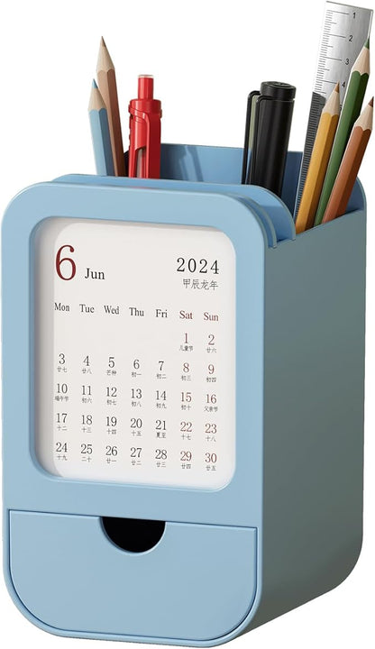 Upgraded Pen Holder with Built-in Calendar - Modern Desk Organizer for Office, School, Home, Premium Silicone Design with Chic Aesthetic, Multi-Functional Stationery & Makeup Storage - Blue