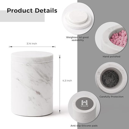 WORHE Marble Canister with Lid Natural Qtip Holder for Cotton Swabs, Balls, Pads, Floss Picks, Bath Salts - Vanity Makeup Storage Organizer Bathroom Essentials Accessories Decor White (DL011)