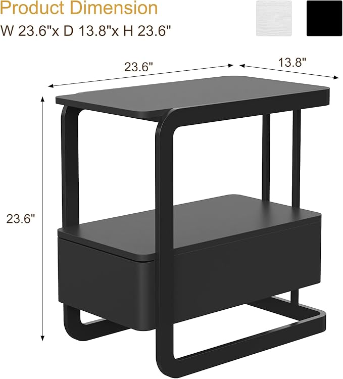Narrow Side Table, End Table with Drawer& Storage Shelves, Modern Sofa Couch Table Curved Bedside Table for Living Room Bedroom, Narrow Nightstand with Thickening Iron Shelves for Small Space, Black