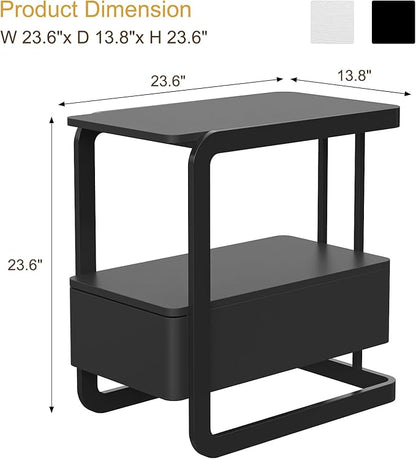 Narrow Side Table, End Table with Drawer& Storage Shelves, Modern Sofa Couch Table Curved Bedside Table for Living Room Bedroom, Narrow Nightstand with Thickening Iron Shelves for Small Space, Black