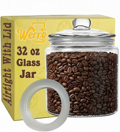 32 oz Glass Jar With Lid - Coffee Canister - Extra Gasket - Glass Cookie Jar, Airtight Kitchen Storage Containers, Apothecary, Dog Treats, Tea, Candy, Spice, Sugar, Kitchen Jar for Pantry