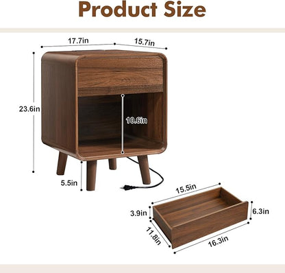 Nasonet Mid Century Modern Nightstands Set of 2 with Charging Station, Small Nightstand with Drawers, Curved Wood End Table Bedside Table for Bedroom, Walnut