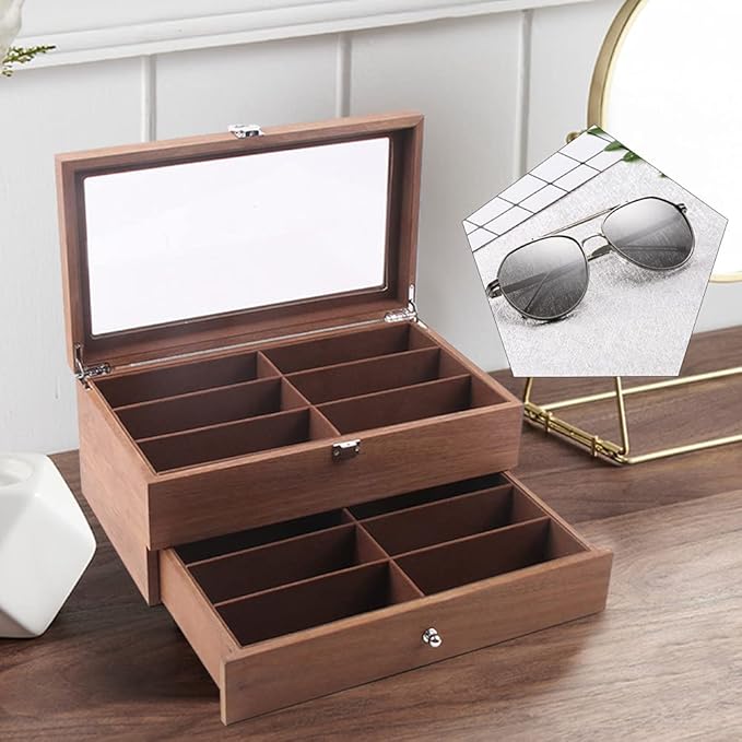 DouSeiAi Double Layer Wooden Sunglasses Organizer, 12 Grids Sunglasses Storage Box, Sunglasses Display Case with Lock Eyewear Holder Organizer Mahogany