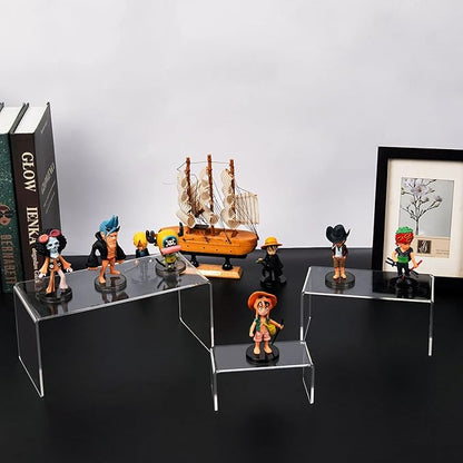 HIIMIEI Acrylic Risers for Display Clear 3-Tier Risers Stands Showcase for Amiibo Funko Pop Figures, Dessert, Jewelry-8.4"x 6.3"x 4.3" (2 Sets)