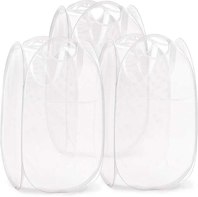 TECHMILLY Collapsible Mesh Pop Up Laundry Hamper with Sturdy Handles and Side Pocket - Portable Foldable Clothes Baskets for Dorm, Bathroom & Travel Storage (White, 3 Packs)