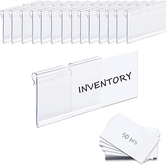 50PCS Basket Bin Labels Clip On,ChanQnTon Clear Plastic Labels for Storage Bins, Wire Shelf Price Tags,Merchandise Sign Display Holder,50PCS 6X4CM Paper Inserts Included.